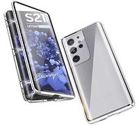 Carcasa para Samsung Galaxy S21 Ultra 5G Funda 360 Grados Frente y Parte Posterior Completo Protección Anti-Rasguño Transparente Vidrio Templado Case Metal Bumper con Adsorción Magnética Cover,Plata