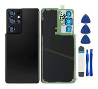 Carcasa trasera de cristal de repuesto para Samsung Galaxy S21 Ultra 5G SM-G998U para todos los puertos con lente de cristal de la cámara y cintas preinstaladas + kit de herramientas, negro fantasma
