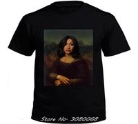 Cardi B Mona Lisa T-Shirt Style Short Sleeve Print tee Shirt Men Cotton Tops Harajuku Streetwear Black XL