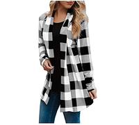 Cárdigan a cuadros blanco y negro, cárdigan de algodón casual con estampado a cuadros para mujer, cárdigan clásico de manga larga, parte delantera abierta, cárdigan de gran tamaño, abrigo ligero
