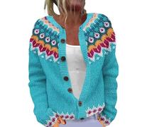 Cárdigan bohemio con frente abierto para mujer, lindo suéter con estampado de flores, cuello redondo, botones, a la moda, para otoño, 1E-Azul cielo, 3XL