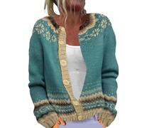 Cárdigan bohemio con frente abierto para mujer, lindo suéter con estampado de flores, cuello redondo, botones, a la moda, para otoño, 1A-verde menta, L
