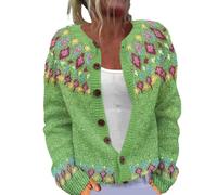 Cárdigan bohemio con frente abierto para mujer, lindo suéter con estampado de flores, cuello redondo, botones, a la moda, para otoño, 1G-Verde, S