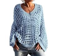 Cárdigan casual de crochet con cuello en V para mujer (Light Blue,S)