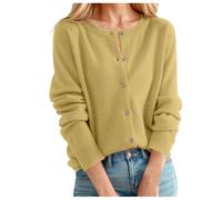 Cárdigan clásico para mujer, cuello redondo, cuello de botón, suéter de punto abierto al frente, cárdigan grueso, caqui, L