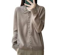 Cárdigan con Cuello Peter Pan para Mujer 100% Lana Suéter De Punto De Manga Larga para Mujer Jersey Casual Vintage para Otoño E Invierno Uso Diario Color Camel Talla M.