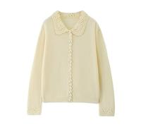 Cárdigan con Cuello Peter Pan para Mujer 100% Lana Suéter De Punto De Manga Larga para Mujer Jersey Informal Vintage para Otoño E Invierno Uso Diario Amarillo Talla L