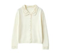 Cárdigan con Cuello Peter Pan para Mujer 100% Lana Suéter De Punto De Manga Larga para Mujer Jersey Informal Vintage para Otoño E Invierno Uso Diario Blanco Talla S