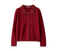 Cárdigan con Cuello Peter Pan para Mujer 100% Lana Suéter De Punto De Manga Larga para Mujer Jersey Informal Vintage para Otoño E Invierno Uso Diario Rojo Talla L