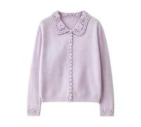 Cárdigan con Cuello Peter Pan para Mujer 100% Lana Suéter De Punto De Manga Larga para Mujer Jersey Vintage Informal para Otoño E Invierno Uso Diario Morado Talla XS