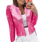 Cárdigan corto de lentejuelas para mujer, manga larga, frente abierto, para fiesta, brillante, bolero con purpurina brillante, hot pink, XL