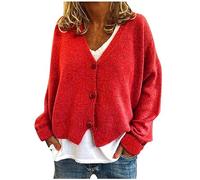 Cárdigan corto de punto trenzado para mujer, cárdigan de manga larga, cuello en V, color sólido, sudaderas holgadas de punto, chaquetas de punto, abrigos de punto para exteriores, Rojo sandía 2, M