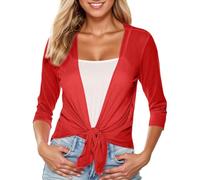 Cárdigan corto para mujer, malla cruda, bolero, frente abierto, chaqueta de punto fina, manga 3/4, bolero transpirable, protección solar, elegante bolero, encogimiento frontal, O rojo1, M