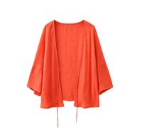 Cárdigan De Algodón y Lino para Mujer Manga 3/4 Ligero Estilo Bolero De Verano Holgado con Abertura Frontal y Lazo Cárdigans Ligeros Mini Blusa Abrigo Fino Naranja y Rojo Talla L.