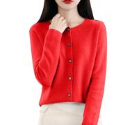 Cárdigan de cachemira para mujer, cuello redondo, con botones, ligero, de manga larga, cárdigan de punto, para primavera, otoño e invierno, color liso, suéter suave, rojo (14#Red), S