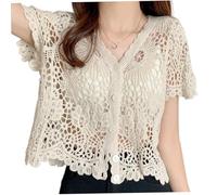 Cárdigan de Encaje para Mujeres, vécar con Cuello en v cárdigan de Encaje Blanca Hueco, Crochet Encogido para el Verano, una Talla, encogidas Hombros