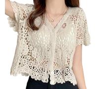 Cárdigan de Encaje para Mujeres, vécar con Cuello en Velo Corto Cárdigan de Encaje Blanco, Encogido de Crochet para el Verano, un Sizelace para Mujeres
