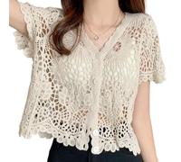 Cárdigan de encaje para mujeres, Volla V cuello Cárdigan blanco de encaje blanco, crochet encogido para el verano, una talla
