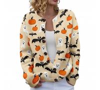 Cárdigan de Halloween para mujer, ligero, con botones, manga larga, suéter de punto, estampado de calabaza, fantasma, ropa de abrigo para mujer, Amarillo claro-d, M