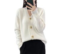 Cárdigan de lana merina con botones y cuello en V para mujer, para otoño e invierno, suéter de cachemira liso, blanco, XL