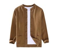 Cárdigan de los hombres de lino y algodón japonés Moda suelta Casual Chaqueta Chal Camisa Ligero Transpirable Estilo Chino Retro Placa Botón Zen Manga Larga con Botones a Presión, marrón, L