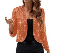 Cárdigan De Malla Brillante con Mangas 3/4 para Mujer Blusa Corta con Parte Delantera Abierta Chaqueta De Lentejuelas Bolero Brillante Prenda Exterior para Cóctel Naranja M