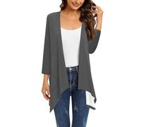 Cárdigan de manga 3/4 con frente abierto para mujer, suéter drapeado, a rayas, tipo kimono, cárdigan holgado, gris oscuro, L