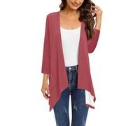 Cárdigan de manga 3/4 con frente abierto para mujer, suéter drapeado, a rayas, tipo kimono, cárdigan holgado, Rojo ladrillo, L