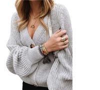 Cardigan de Manga Knitted Cardigan Fashion Puff Sleeve Sweater Women Autumn Winter Long Botton Coat Casual Loose(Grey)