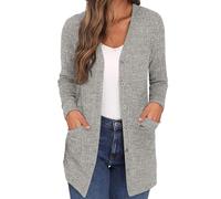 Cárdigan de manga larga para mujer, con parte delantera abierta, con botones, acanalado, ligero, con bolsillo, 1A-gris, M