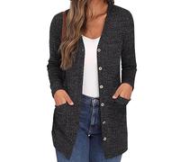 Cárdigan de manga larga para mujer, con parte delantera abierta, con botones, acanalado, ligero, con bolsillo, 1A-Negro, XXL
