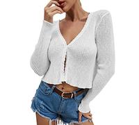 Cárdigan de manga larga para mujer, cuello en V, abrigo fino para verano, parte delantera abierta, suave, acanalado, color puro, cárdigan corto para vacaciones, vestido ligero, blanco, S