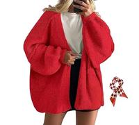 Cárdigan de mujer de gran tamaño con frente abierto de punto grueso suéter largo de punto con mangas de farol casual frente abierto ligero, rojo, 5XL