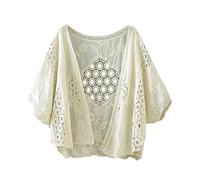 Cardigan de mujer elegante y chic, con crochet, mangas ahuecadas, chaqueta bordada, de manga corta, ropa de color liso, ropa casual, ropa corta, ropa de estar por casa holgada, chaqueta amplia, top