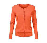 Cárdigan de punto con cuello redondo para mujer, de manga larga, holgado, color liso, corto, chaqueta bordada, naranja, L