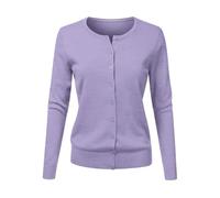 Cárdigan de punto con cuello redondo para mujer, de manga larga, holgado, color liso, corto, chaqueta bordada, Morado (, L