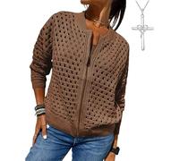 Cárdigan de punto de alta calidad, suéteres de manga larga con cremallera para mujer, chaqueta de punto de ganchillo ahuecada, marrón oscuro, XXL