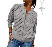 Cárdigan de punto de alta calidad, suéteres de manga larga con cremallera para mujer, chaqueta de punto de ganchillo ahuecada, Gris Claro, XL