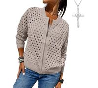 Cárdigan de punto de alta calidad, suéteres de manga larga con cremallera para mujer, chaqueta de punto de ganchillo ahuecada, caqui, M