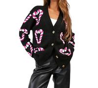 Cárdigan de punto de Navidad para mujer, diseño de lazo de bastón de caramelo, lentejuelas, hombros caídos, manga larga, botones al frente abierto, Negro, L