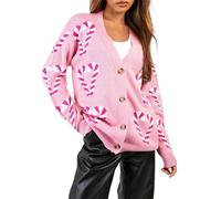 Cárdigan de punto de Navidad para mujer, diseño de lazo de bastón de caramelo, lentejuelas, hombros caídos, manga larga, botones al frente abierto, rosa, S