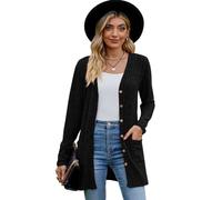 Cardigan de Punto Elegante Cardigan Mujer Larga Cárdigan con Abertura Frontal Casual Chaqueta Abotonada Moda Abrigo Suéter de Otoño/Invierno con V Cuello Mangas Largas Top Mujer(Negro M)