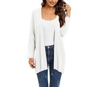 Cárdigan de punto ligero de manga larga con bolsillo para mujer, con frente abierto, suéter de punto liso, suave, casual, elegante, cuello redondo, elástico, blanco, L
