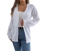 Cardigan de Punto Mujer Knitted Cardigan Hollow out Sweaters Autumn Winter Casual Solid Color Lantern Long Sleeve Tops(White,L)