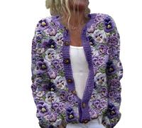 Cárdigan de Punto para Mujer,Chaqueta Sueter Manga Larga Abrigo Suéter Rebeca Chaqueta Jerseis Mujer De Elegante Floral con Botones Y Escote En V Jersey Verano Estilo Vintage Flores