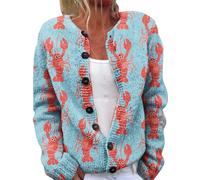 Cárdigan de punto para mujer, con estampado floral, frente abierto, para invierno, casual, holgado, con botones, manga larga, 1f-azul, XXL