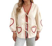 Cárdigan de punto para mujer con lazo y patrón de corazón frente a atar Y2K suéter de punto abierto Abrigos Cute Heart Print Tops Puff Long Sleeve Blouse Trendy Babydoll Camisetas, O Marrón, S