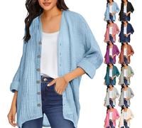 Cárdigan de punto para mujer, de verano, ligero, de manga larga, cárdigan fino, elegante, cuello redondo, cárdigan, informal, chaleco de punto clásico, abrigo de punto con botones, S-3XL, Azul claro-2
