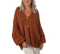 Cárdigan de punto para mujer, manga larga tipo farol, cuello alto, botones, suéter grueso de gran tamaño, marrón oscuro, S