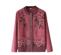 Cárdigan De Punto para Mujer, Suéteres para Personas Mayores, Cuello Redondo, Manga Larga, Floral, Jacquard, Abrigo De Punto con Perforación En Caliente y Bolsillo, Cárdigan para Mamás Mayores,